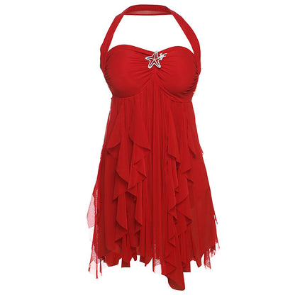 Backless Halter Neck Irregular Hem Mini Dress