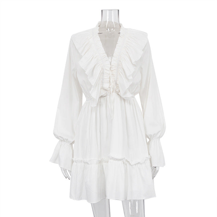 V-Neck Ruffle Sleeve White Dress Trendy Casual Dress