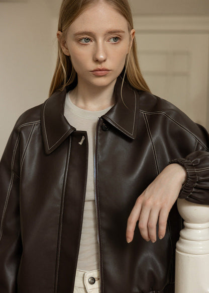 Faux Leather Bomber Jacket With Oversized Collar