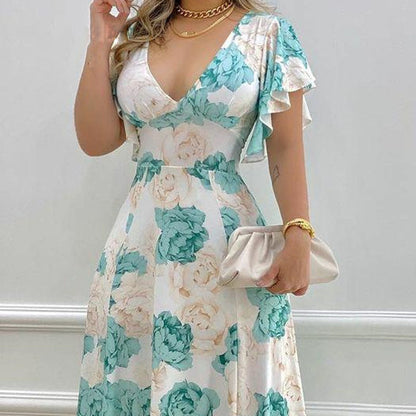 Casual Floral Maxi Dress With V-Neck & Flared Design