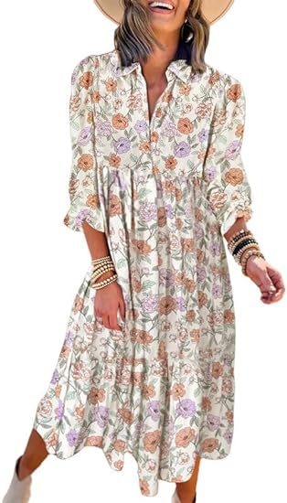 New Casual Loose Long-Sleeved V-Neck Women'S Bohemian Floral Elegant A-Shaped Dress