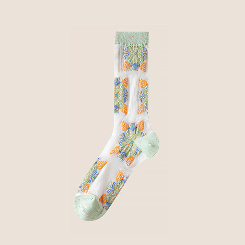Rufia -  Embroidered Floral Pattern Sheer Socks