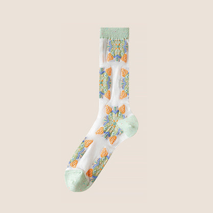 Rufia -  Embroidered Floral Pattern Sheer Socks