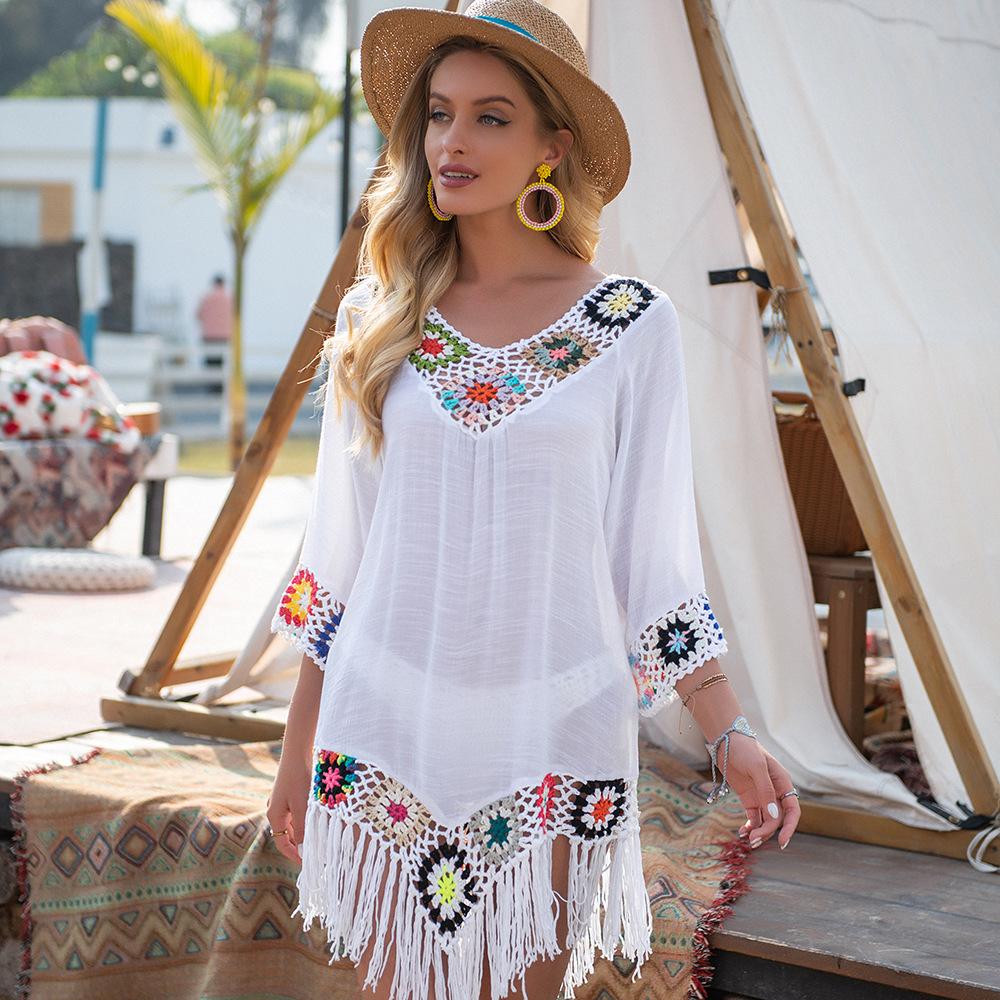 New Off The Shoulder Half Sleeve Hook Pattern Stitching Irregular Tassel Beach Cover Up Shirt Ethnic Style Dress