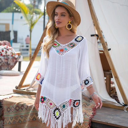 New Off The Shoulder Half Sleeve Hook Pattern Stitching Irregular Tassel Beach Cover Up Shirt Ethnic Style Dress