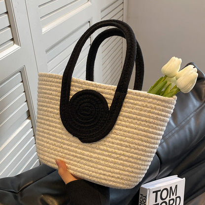 Color Block Large Capacity Woven Tote Handbag