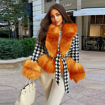 Short Fur Coat Winter Quilted Thick Slim-Fit Lace-Up Coat Top