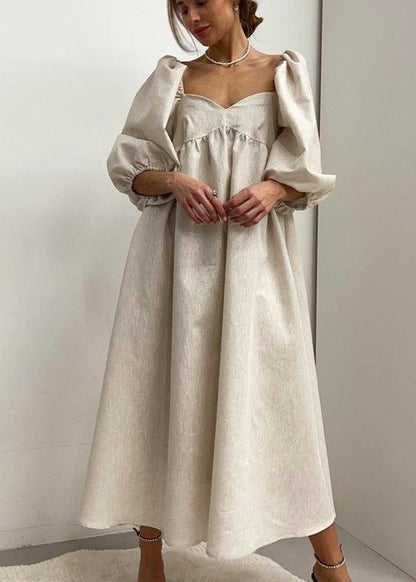 Linen Maxi Dress With Puff Sleeves And Square Neckline