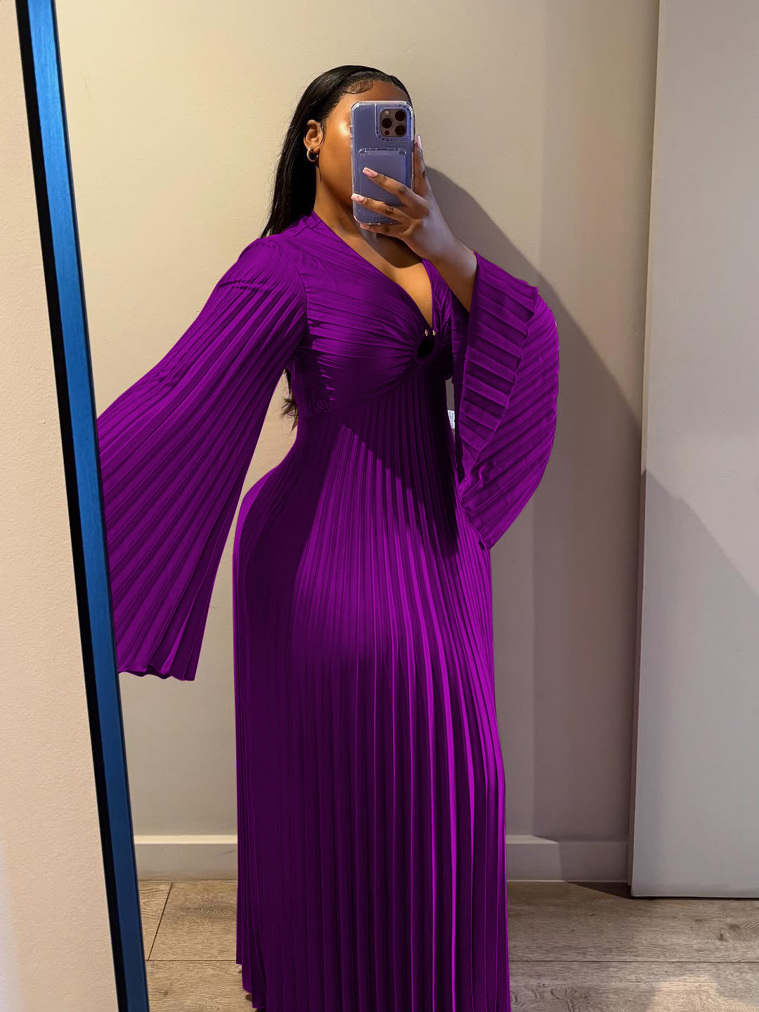 Elegant Solid V-Neck Long Sleeve Dress For Women
