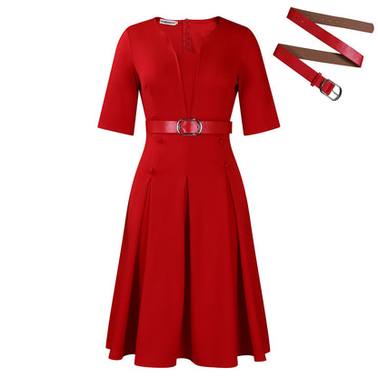 Elegant A-Line Dress With Belt For Women