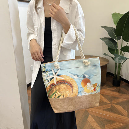 Large Capacity Digital Print Linen Beach Bag for Women