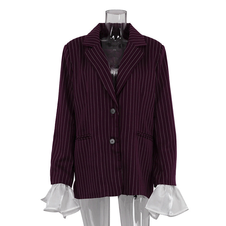 Burgundy Striped Blazer with Bell Sleeves for Women