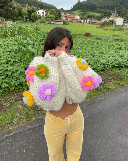 Handmade Three-Dimensional Hook Flower Flower Lantern Sleeve Sweet Loose Lazy Thick Warm Sweater Cardigan Jacket
