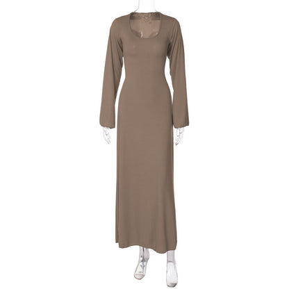 Trendy Casual U-Neck Long Sleeve Dress with Back Tie