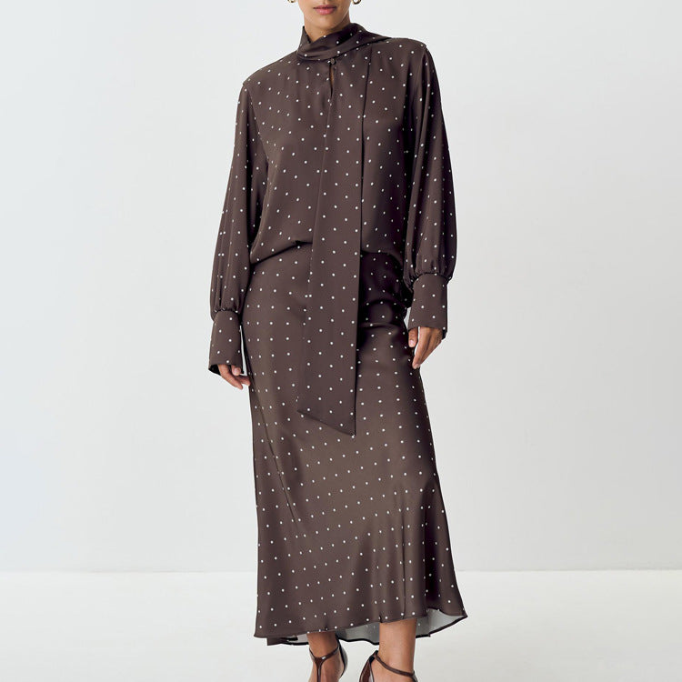 Elegant Polka Dot Satin Skirt Set with Long Sleeve Tie Blouse