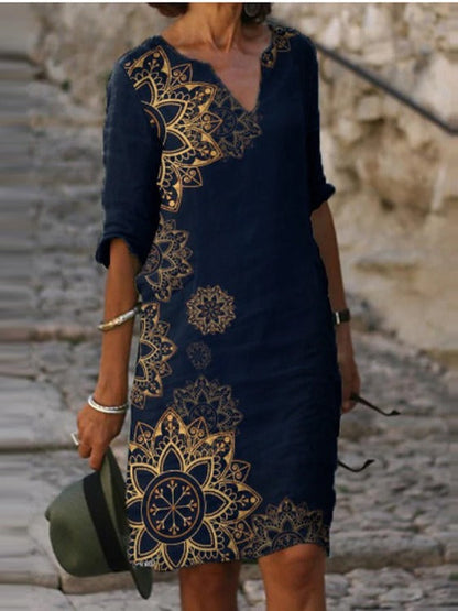 Abstract Print V-Neck A-Line Dress Comfortable Casual Fashion