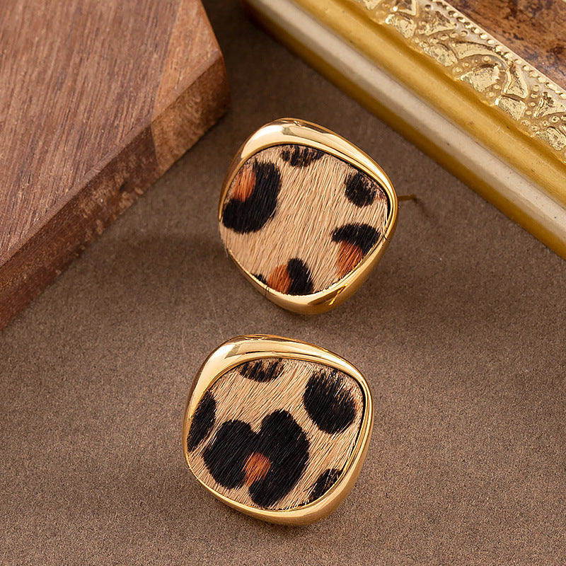 18K Gold Plated Natural Horsehair Leopard Print Geometric Stud Earrings