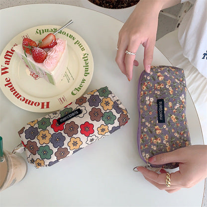 Corduroy Flower Jacquard Color Block Make Up Bag