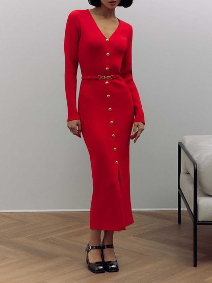 Fall Long Sleeve V-Neck Button Knit Dress