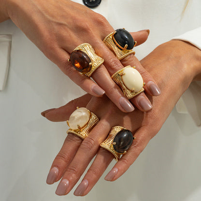 Geometric Resin Gemstone Open Ring Trendy Wide Band