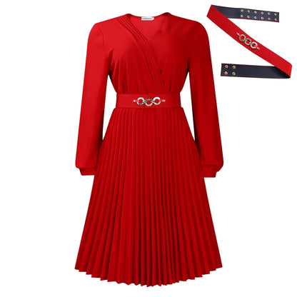 Elegant V-Neck Pleated Midi Dress With Belt