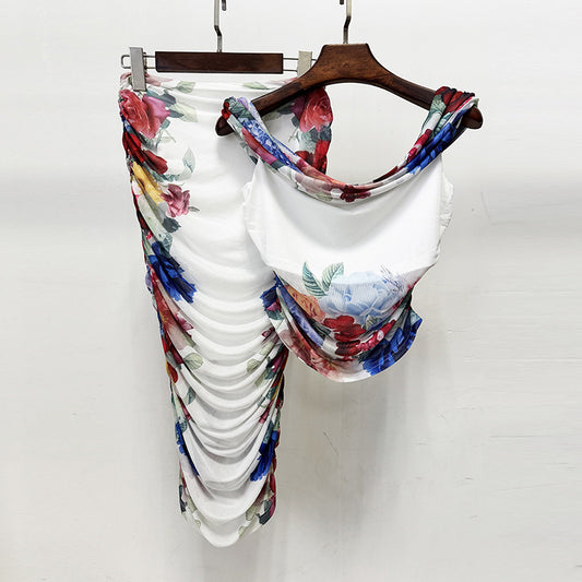 Fashionable One-Shoulder Mesh Printed Top And Elastic Midi Skirt Set