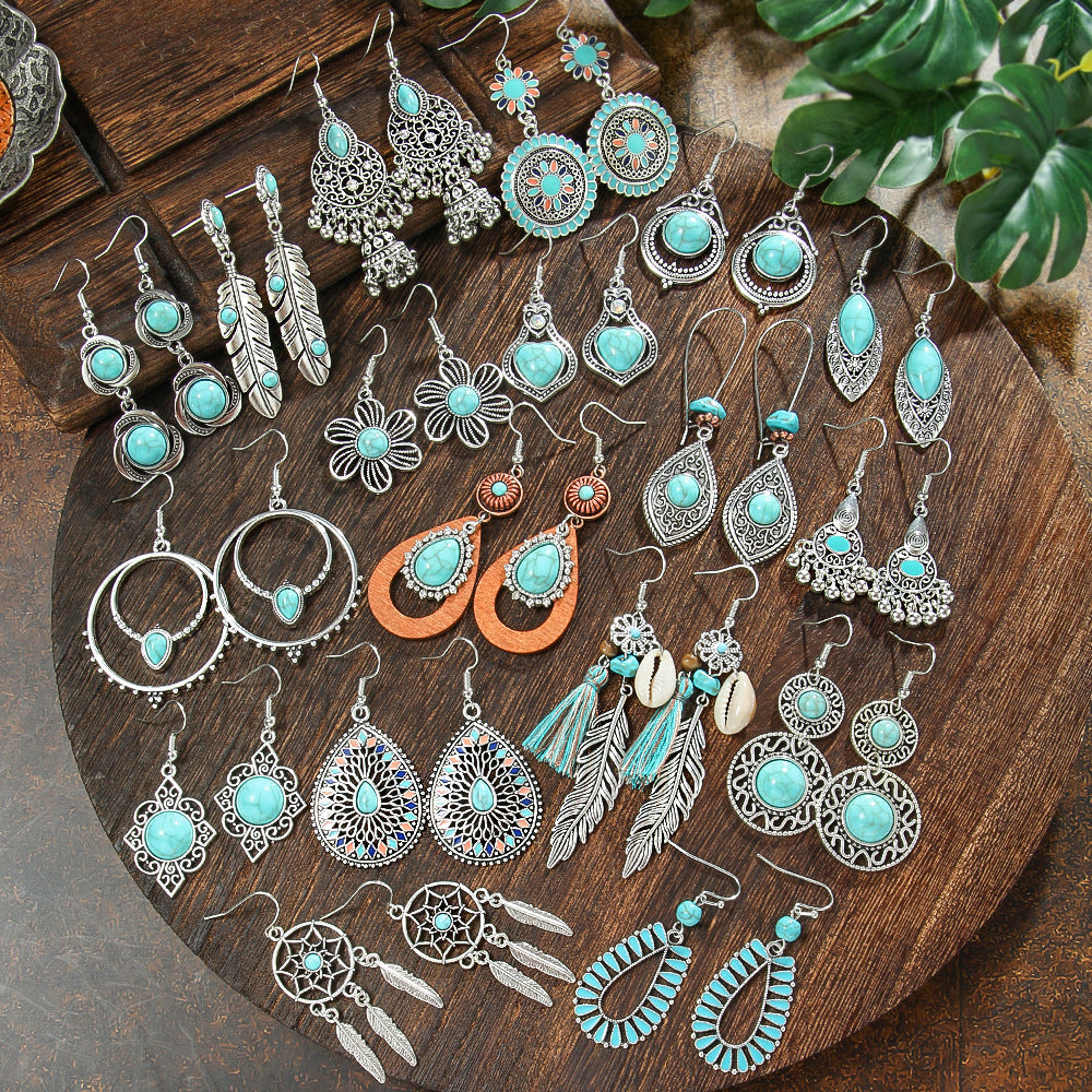 Bohemian Style Turquoise Earrings Set Oval Tassel Dangle Jewelry