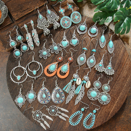 Bohemian Style Turquoise Earrings Set Oval Tassel Dangle Jewelry