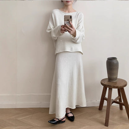 Casual Round Neck Sweater Maxi Skirt Set