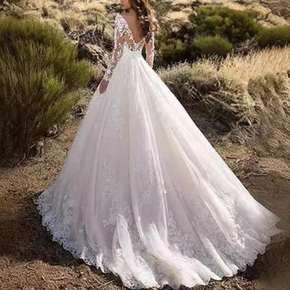 Elegant Lace Wedding Dress with Train and Sleeves
