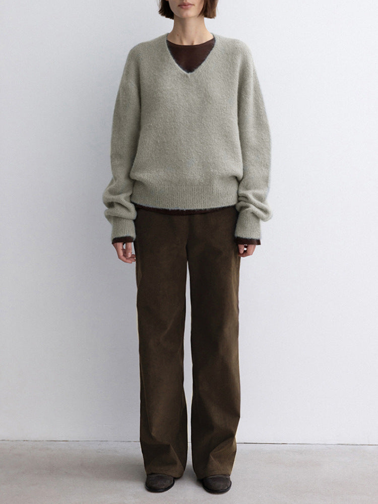 V-Neck Warm Knit Sweater with Rabbit Hair for Casual Elegance