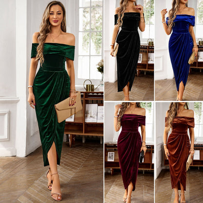Off-Shoulder Velvet Maxi Dress Elegant Fit for All Occasions