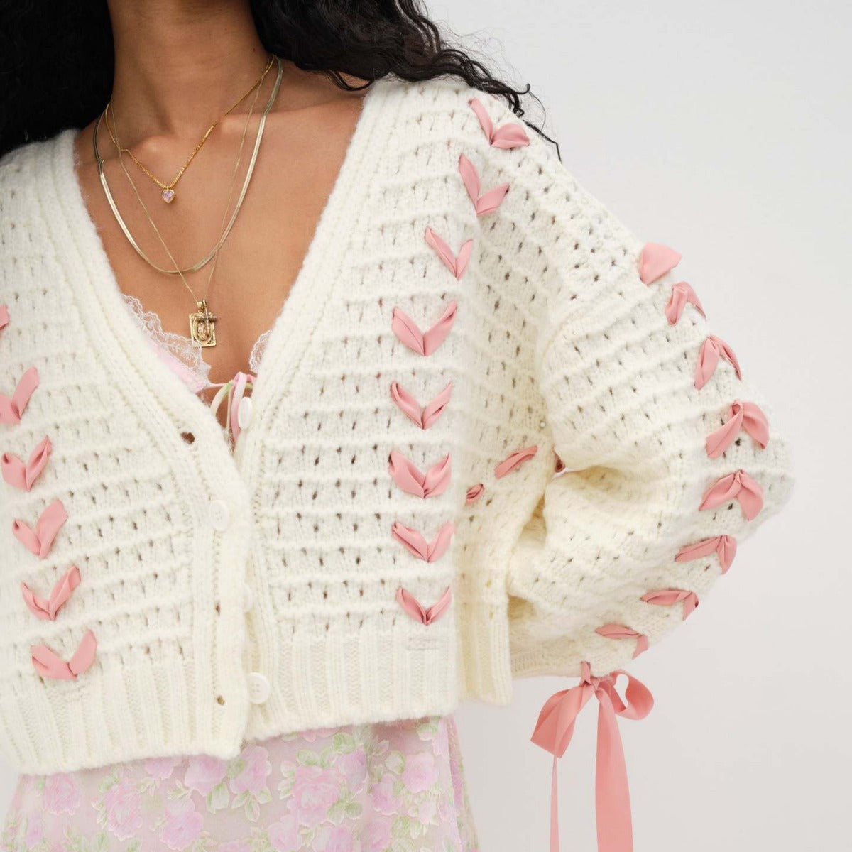 V-Neck String Tie Hollow Out Loose Cardigan
