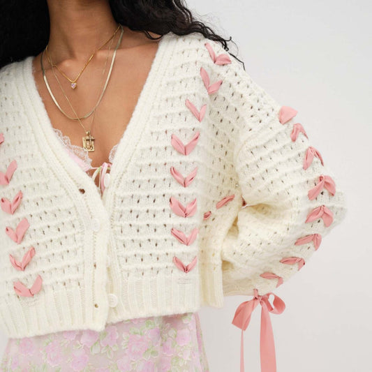 V-Neck String Tie Hollow Out Loose Cardigan