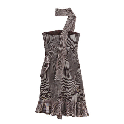Vintage Striped Print Layered Halter Mini Dress