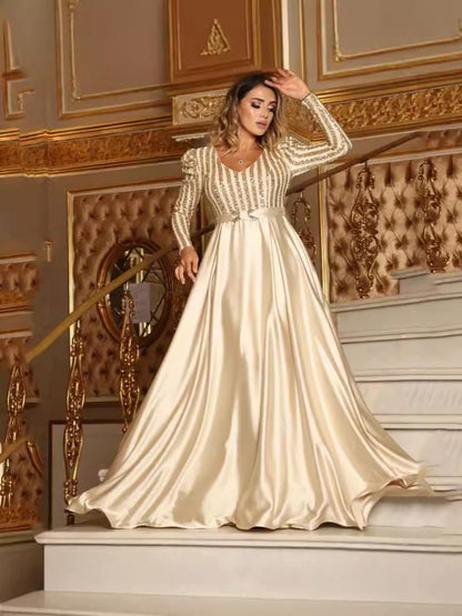 Deep V Neck A-Line Maxi Dress With Train For Evening Parties