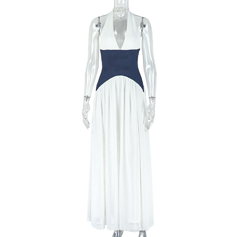 Black And White Halter Neck A-Line Dress With Deep V Neck