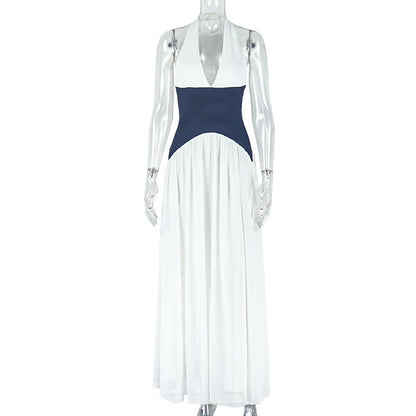 Black And White Halter Neck A-Line Dress With Deep V Neck