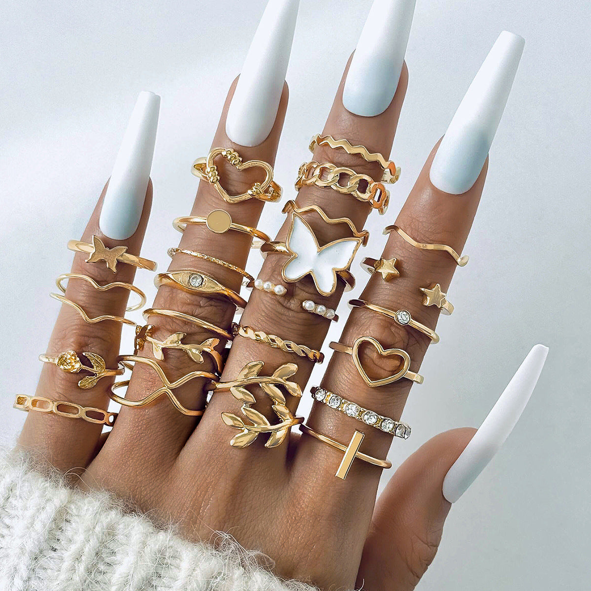 Trendy Leaf Heart Rings Geometric Pearl Joint Stacking Ring Set