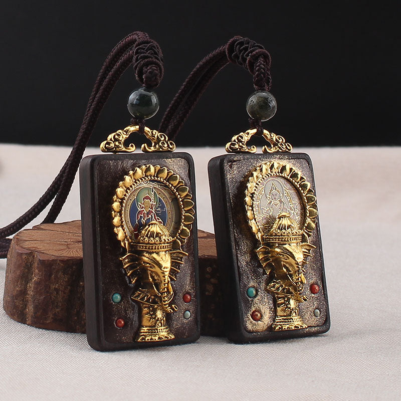 Vintage Nepal Thangka God Of Wealth Buddha Elephant God Ebony Pendant Necklace Exotic Sweater Chain