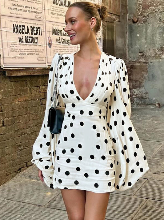 Fashion Polka Dot Printed Deep V Bodycon Dress with Bell Sleeves