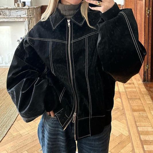 Vintage Splicing Lapel Leather Oversize Jacket