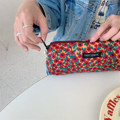 Corduroy Flower Jacquard Color Block Make Up Bag