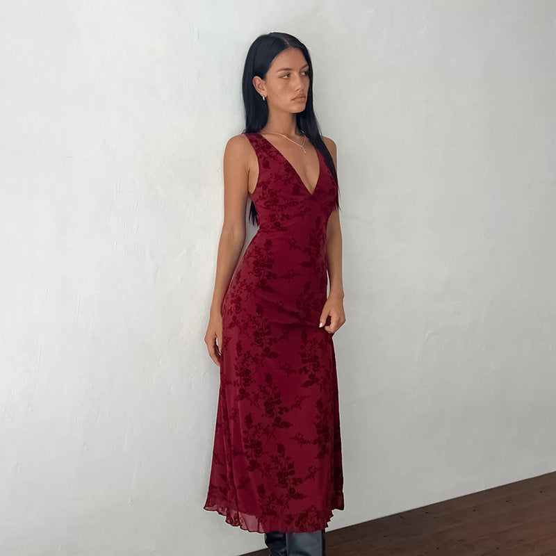 V-Neck Floral Midi Dress Slim Fit Polyester Casual