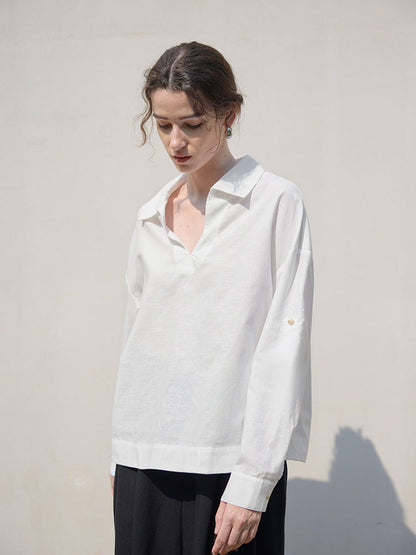 White V-Neck Long Sleeve Linen Shirt for Women