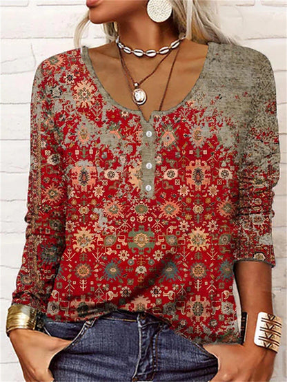 Autumn And Winter Loose Long-Sleeved Geometric Floral U-Neck Button T-Shirt Women