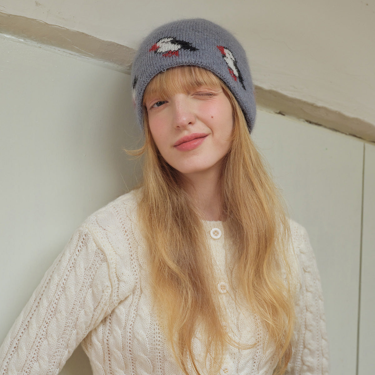 Knitted Bird Pattern Wool Beanie for Women