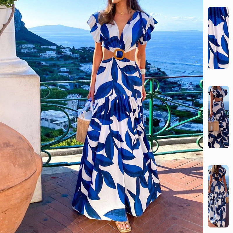 Blue Floral Print A-Line Dress V-Neck Casual Dress