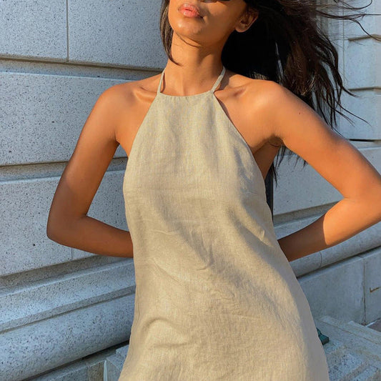 Backless Cotton Linen A-Line Dress with Halter Neck