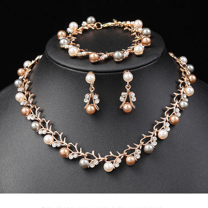Pearl Necklace and Earring Set Elegant Alloy Jewelry for Bride